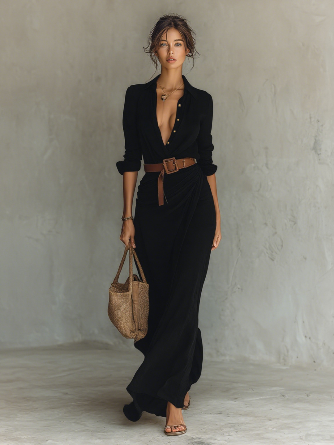 Robe Maxi Longue avec Col Rabattu et Ceinture Incluse